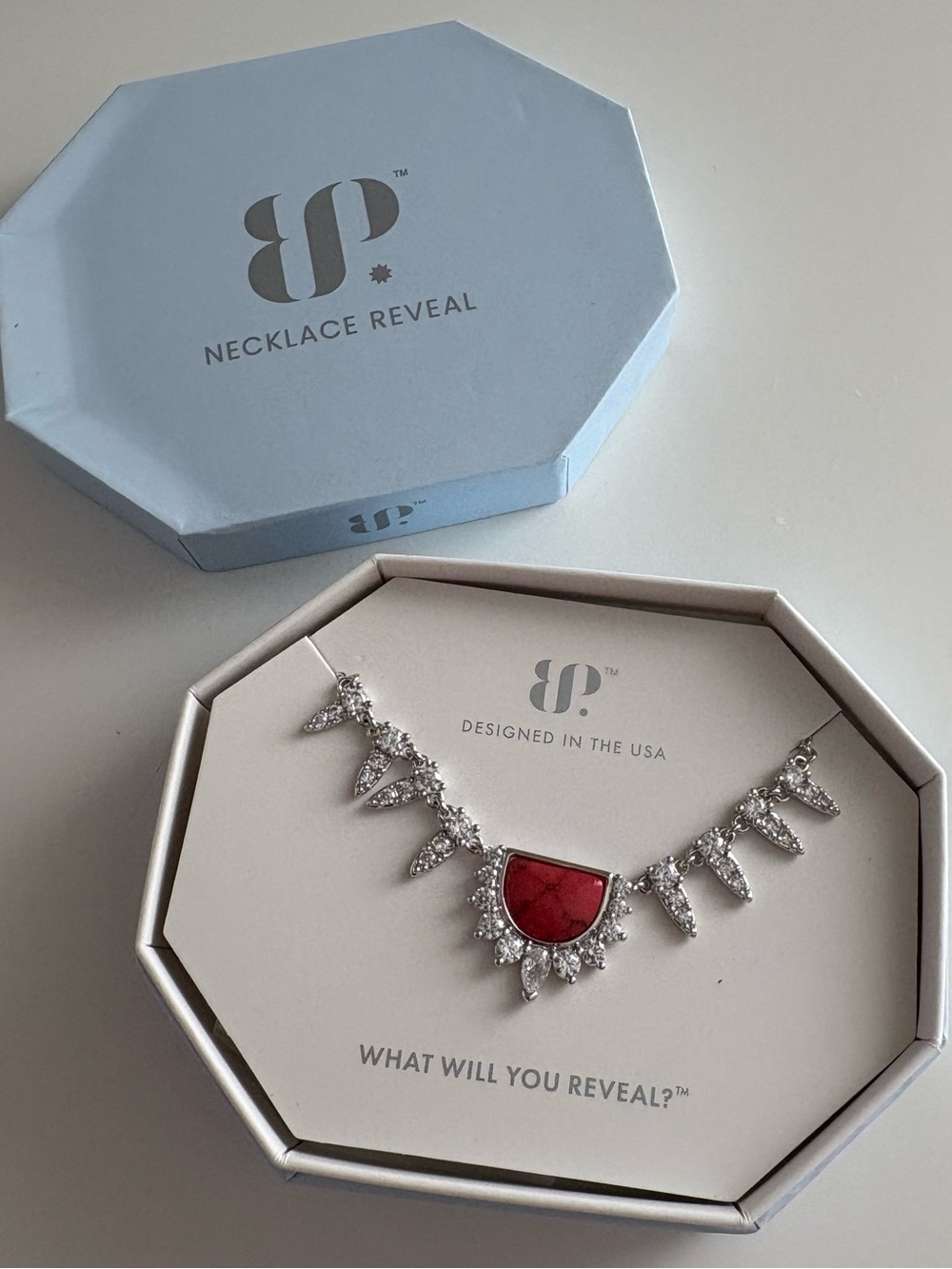 Bomb Party Half Moon Crescent Necklace NK88350 Red Coral Magnesite Rhodium